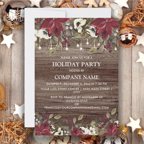 Company Holiday Party Rustic Wood Red Poinsettia   Invitation