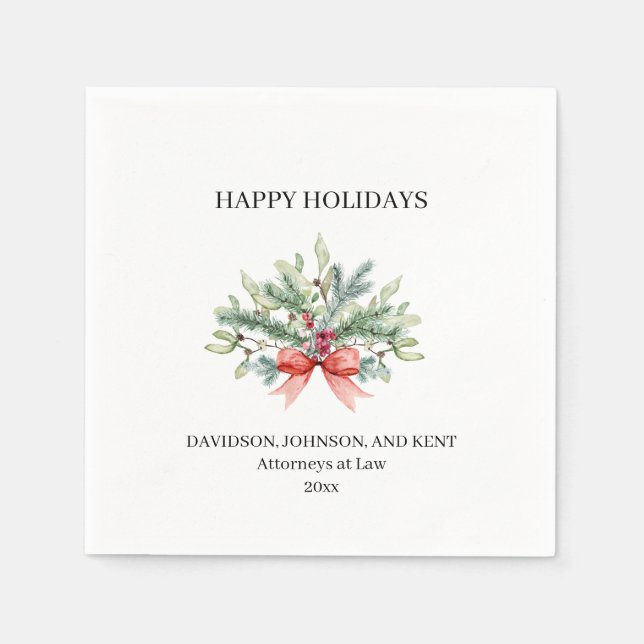 Company Holiday Watercolor Greenery Napkins (Front)