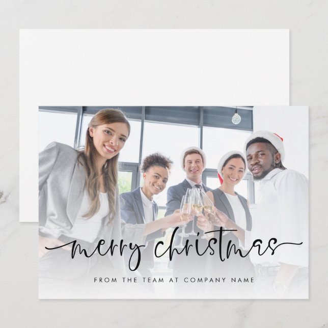 Company Logo Add Photo Merry Christmas Script Flat Holiday Card (Front/Back)