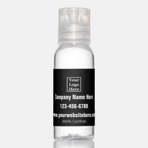 Company Logo and Contact Info on Black and White Hand Sanitizer