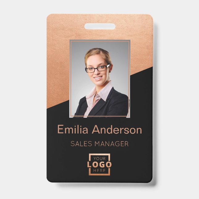 Company Logo Bar Code Employee Photo Rose Gold Badge (Front)