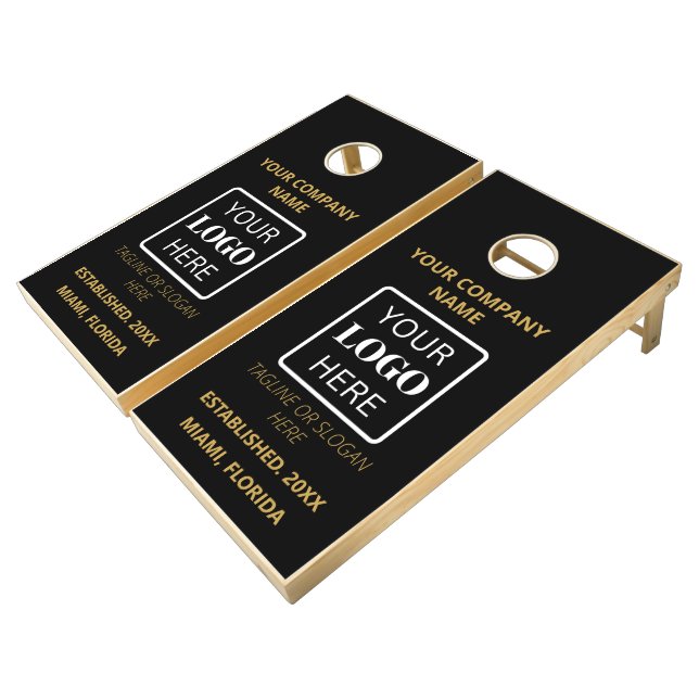 Company Logo Black and Gold Business Branded Cornhole Set (Angled)