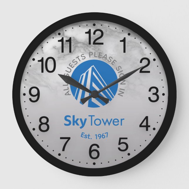 Company Logo Black Gray Marble Name Sky Tower Large Clock (Front)