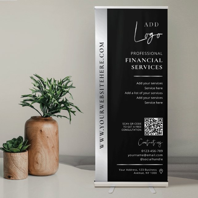 Company Logo Black & Silver QR Code Marketing Retractable Banner (corporate black and silver business marketing pull up banner with your logo & custom QR code)