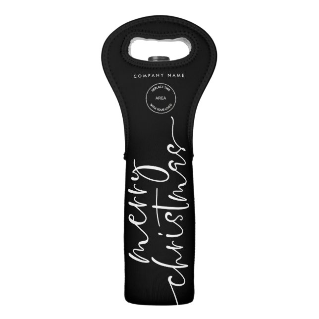 Company Logo Black White Merry Christmas Wine Bag (Front)