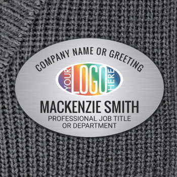 Company Logo Brushed Faux Stainless Oval Employee Name Tag by Memorable_Modern at Zazzle