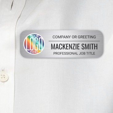 Company Logo Brushed Faux Stainless Steel Employee Name Tag