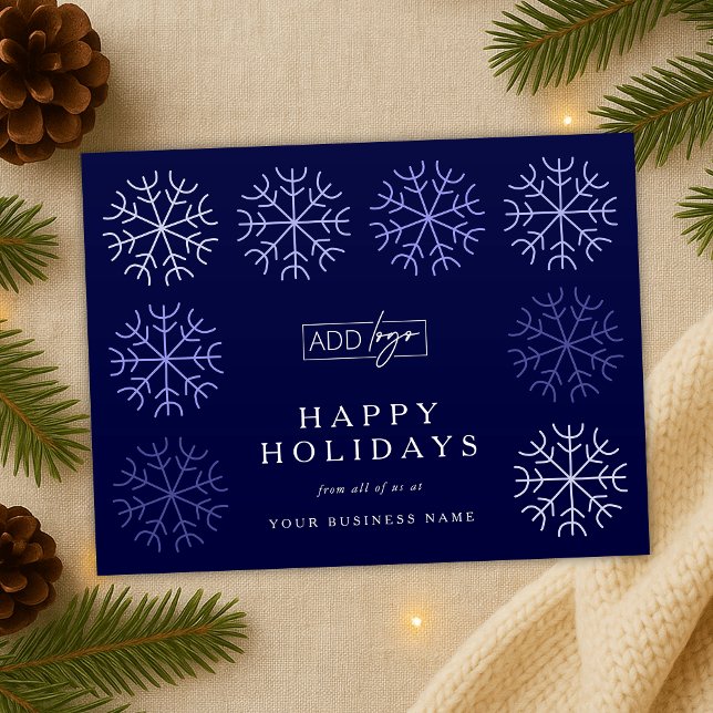 Company Logo Christmas Snowflakes Navy Corporate Holiday Postcard (elegant navy and white winter design corporate holiday postcard with your custom company logo)