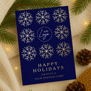 Company Logo Christmas Snowflakes Navy & Gold Foil Holiday Card