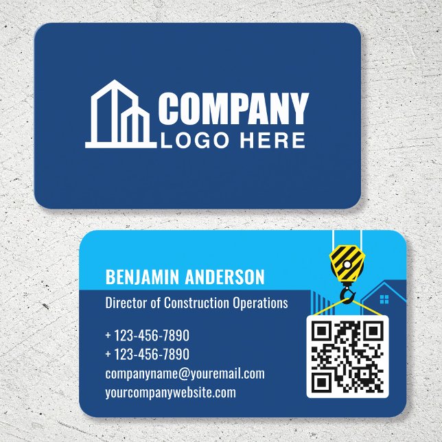 Company Logo Contractor QR Code Navy Professional Business Card (Creator Uploaded)