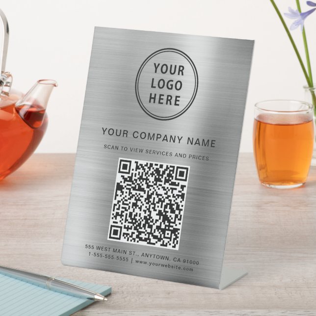 Company Logo Create Your QR Code Silver Pedestal Sign (In SItu)
