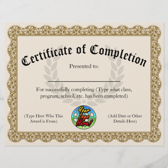 Company Logo Custom Certificate of Completion (Front)