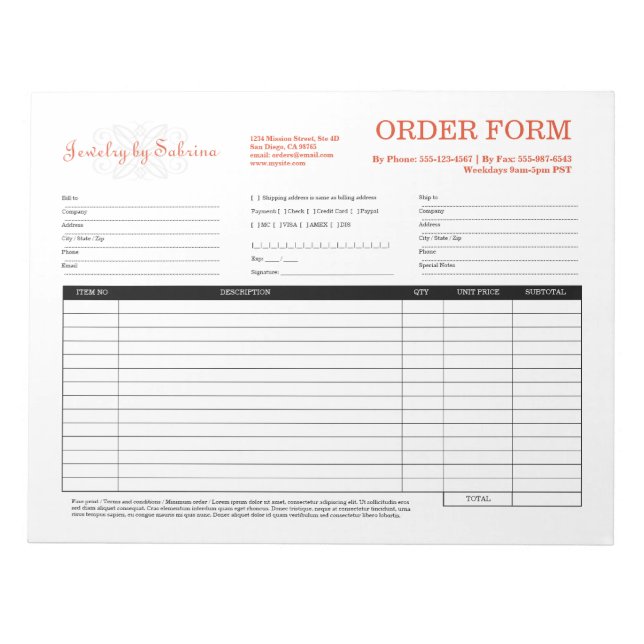 Company logo custom jewelry business order form notepad (Front)