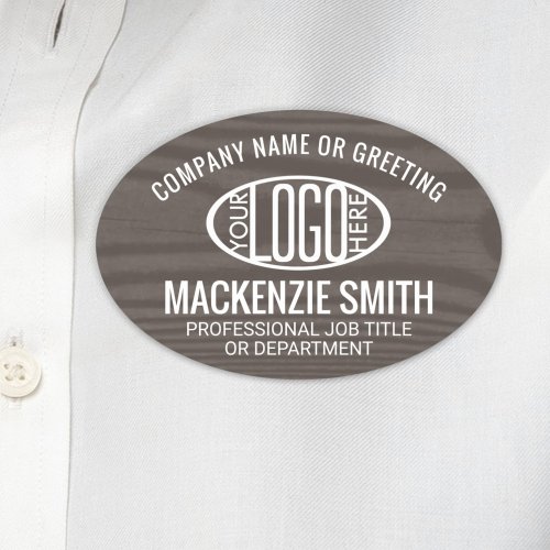 Company Logo Employee ID Brown Faux Wood Oval Name Tag