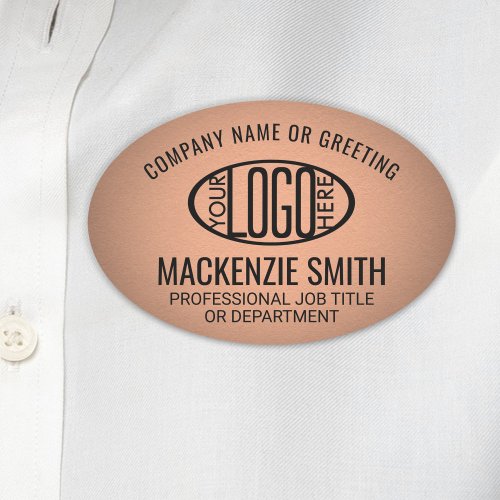 Company Logo Employee ID Faux Metallic Copper Oval Name Tag
