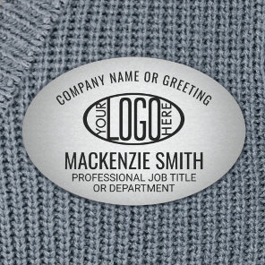 Company Logo Employee ID Faux Metallic Silver Oval Name Tag