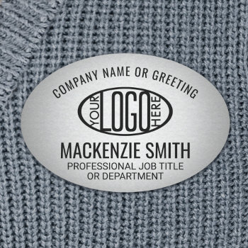 Company Logo Employee Id Faux Metallic Silver Oval Name Tag by Memorable_Modern at Zazzle