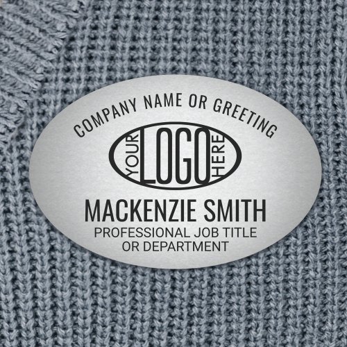 Company Logo Employee ID Faux Metallic Silver Oval Name Tag