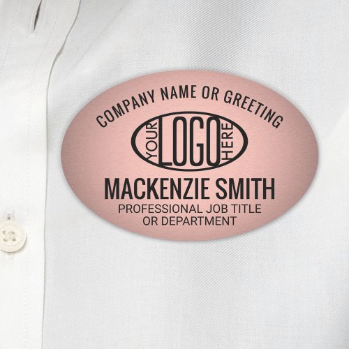Company Logo Employee ID Faux Rose Gold Pink Oval Name Tag
