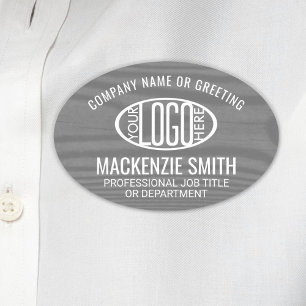 Company Logo Employee ID Gray Faux Wood Grain Oval Name Tag