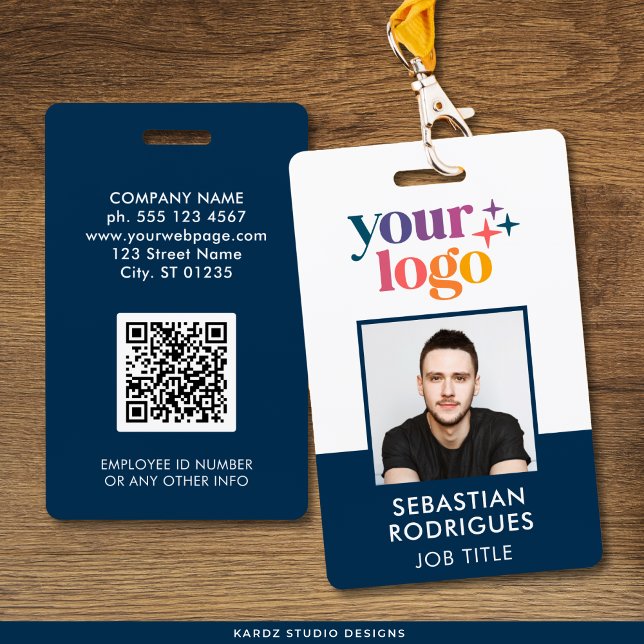 Company Logo Employee Photo Blue ID Badge (Front and back of card shown, create QR with your URL. Personalize with photo and info on the back.)
