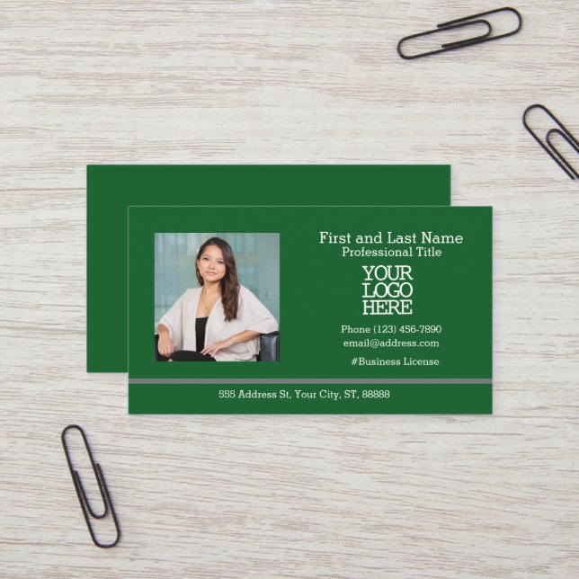 Company Logo | Employee Photo Dark Green Business Card (Front/Back In Situ)