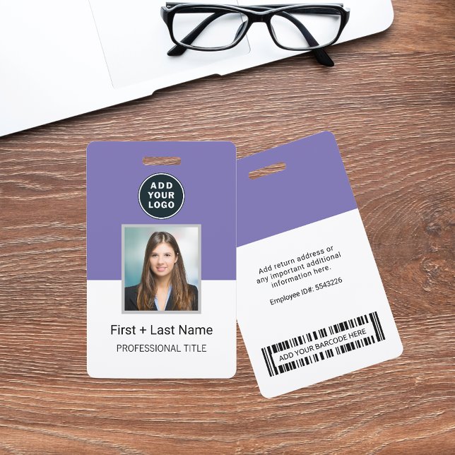 Company Logo Employee Photo ID Barcode Custom Name Badge (Business Logo Company Photo ID Purple and White Access Card)