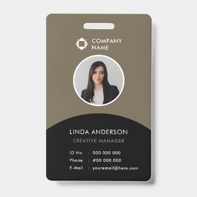 Company Logo Employee Photo ID Elegant Brown Black Badge (Front)