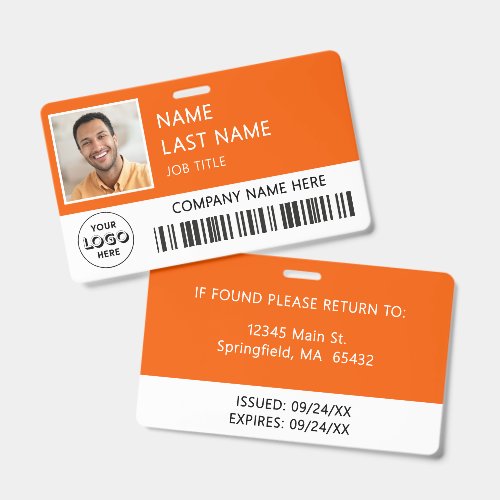 Company Logo Employee Photo Orange ID  Badge