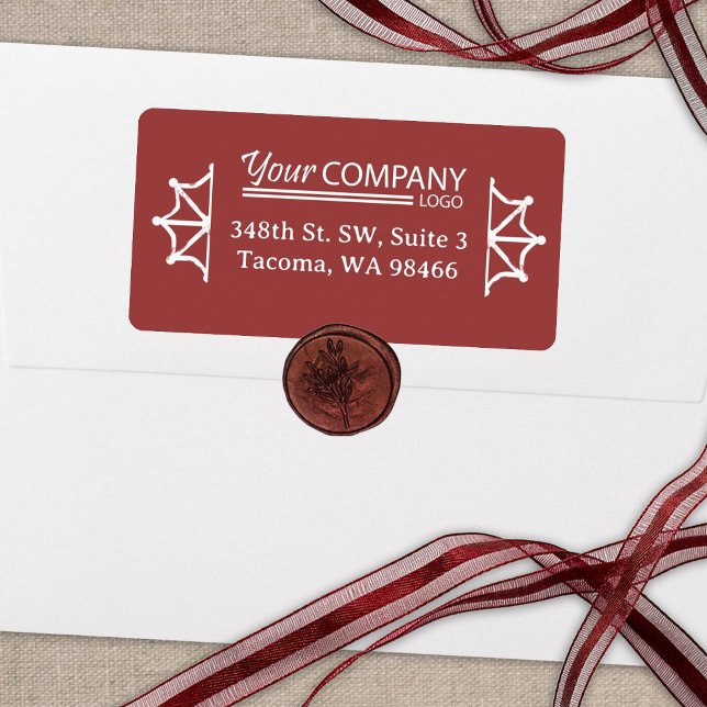 Company Logo, Holiday Burgundy Return Address Label (bright red, white snowflake address labels with white business logo for company Christmas cards)