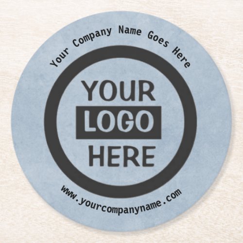 Company Logo  Information  Blue Background on  Round Paper Coaster