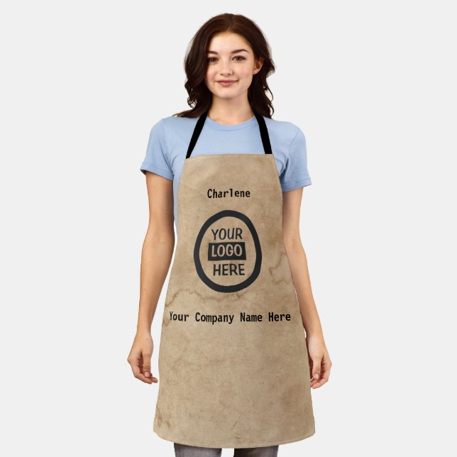 Company Logo & Information | Brown Background on  Apron (Worn)