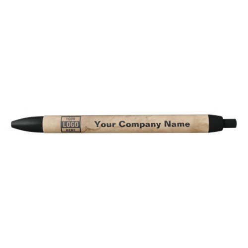 Company Logo  Information  Brown Background on  Black Ink Pen
