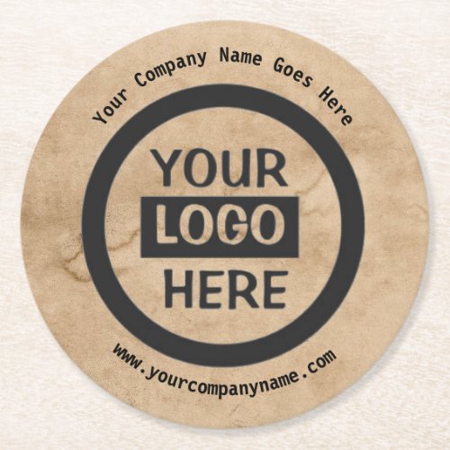 Company Logo  Information  Brown Background on  Round Paper Coaster