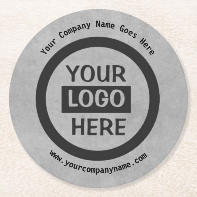 Company Logo & Information | Gray Background on  Round Paper Coaster (Front)