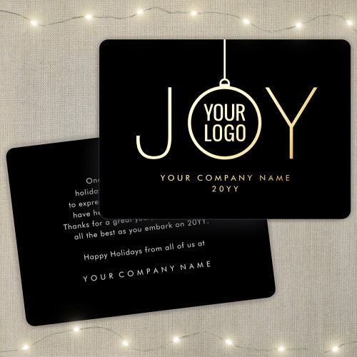 Company Logo JOY Christmas Ornament Black and Gold Foil Holiday Card