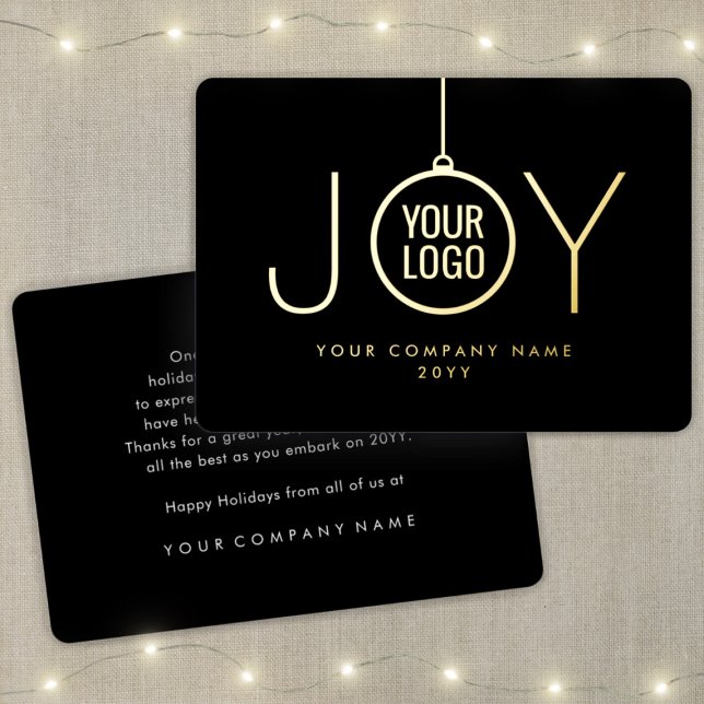 Company Logo JOY Christmas Ornament Black Elegant Foil Holiday Card (Creator Uploaded)