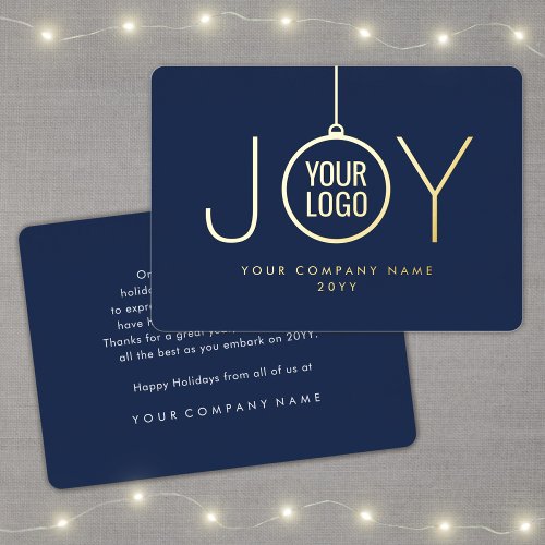 Company Logo JOY Christmas Ornament Navy Blue and Foil Holiday Card