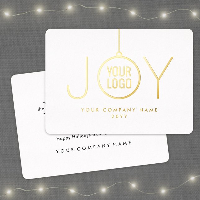 Company Logo JOY Christmas Ornament White Simple Foil Holiday Card (Creator Uploaded)