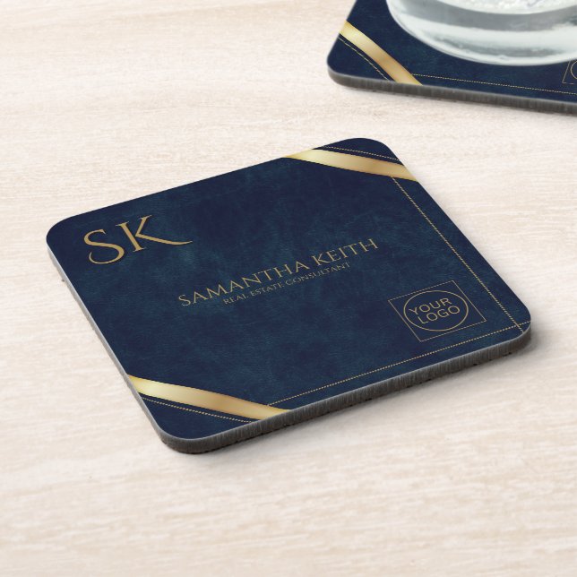Company Logo Luxury Navy Leather 2025 Custom Beverage Coaster (Left Side)