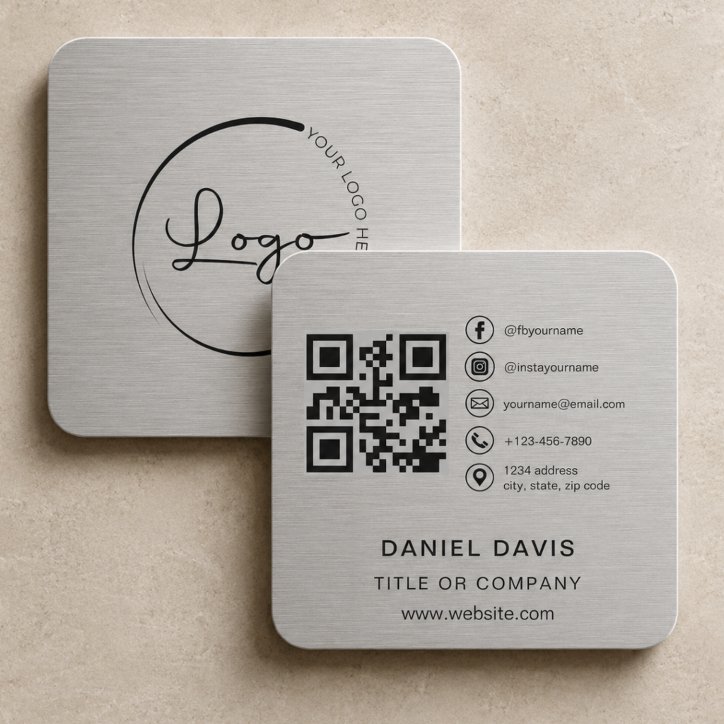 Company Logo Metallic QR Code Square Business Card