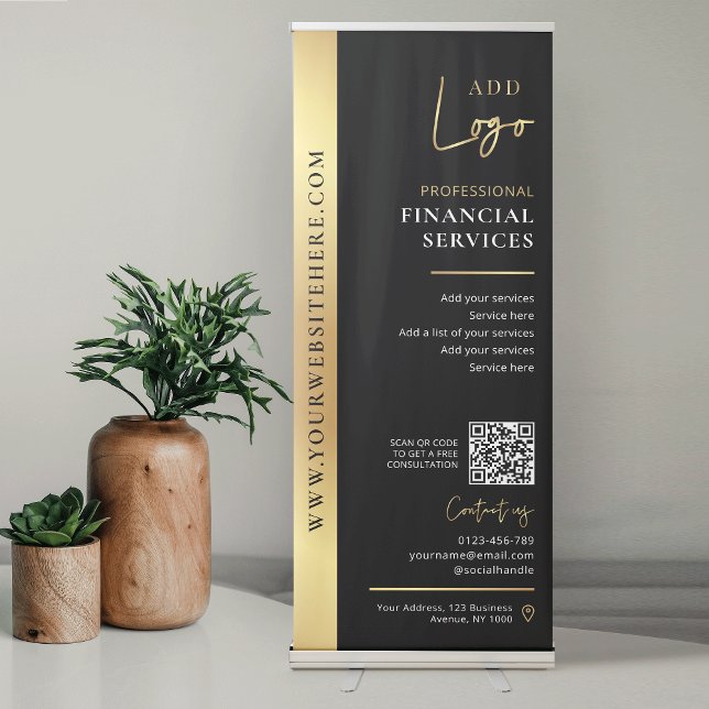 Company Logo Modern Black & Gold QR Code Marketing Retractable Banner (Modern black and gold logo business promotional banner with QR code and website)