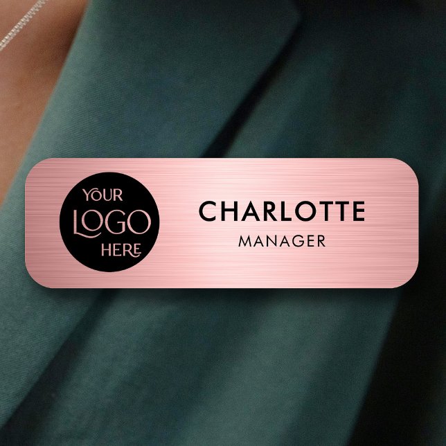 Company Logo Modern Rose Gold Employee  Name Tag (Creator Uploaded)