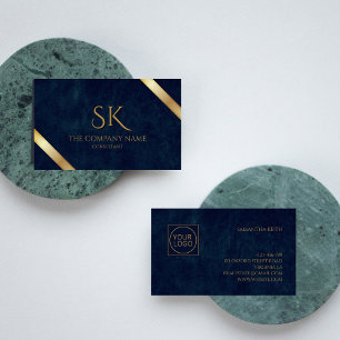 Company Logo Monogram Navy Blue Leather Business Card