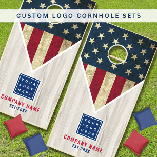 Company Logo Name American Flag Rustic Wood Cornhole Set