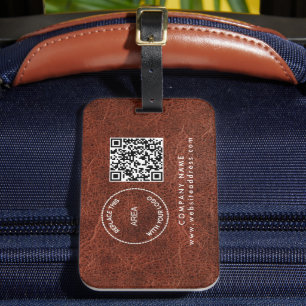 Company Logo Name QR Code Brown Faux Leather Luggage Tag