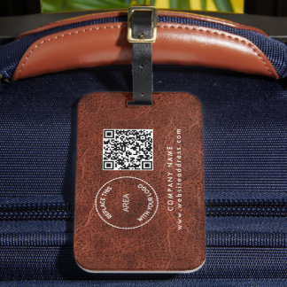 Company Logo Name QR Code Brown Faux Leather Luggage Tag