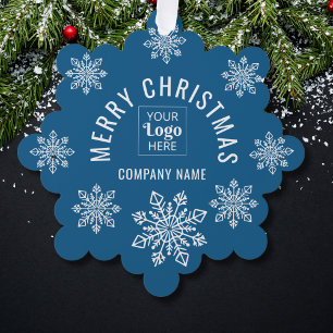 Company Logo Name Snowflake Merry Christmas Blue Ornament Card