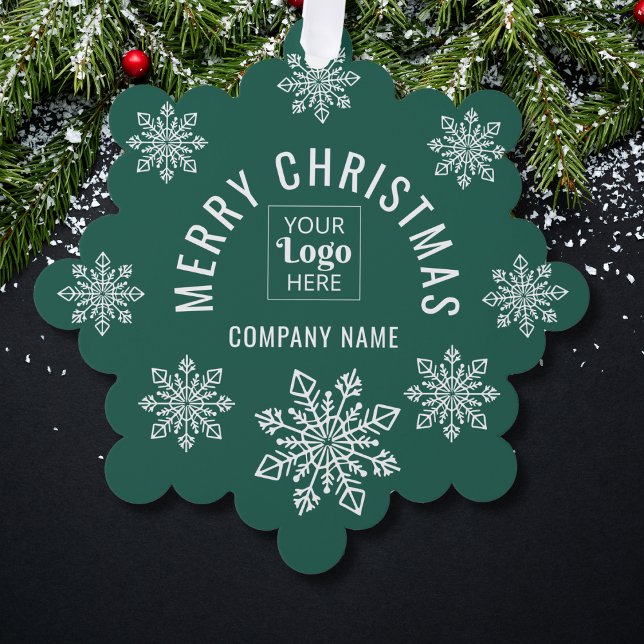 Company Logo Name Snowflake Merry Christmas Green Ornament Card (Creator Uploaded)