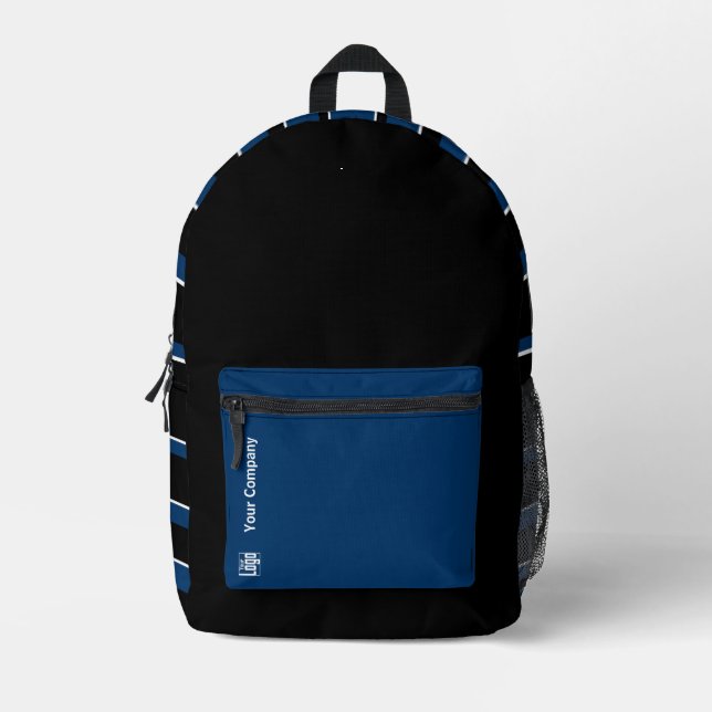 Company Logo Name Striped Blue White Black Printed Backpack (Front)